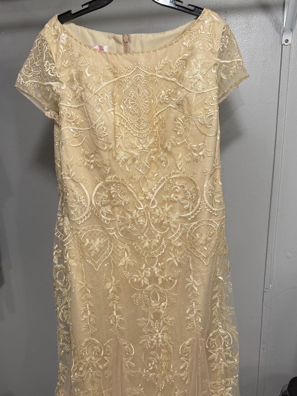 JJs House Lace Modest Champagne Evening Gown